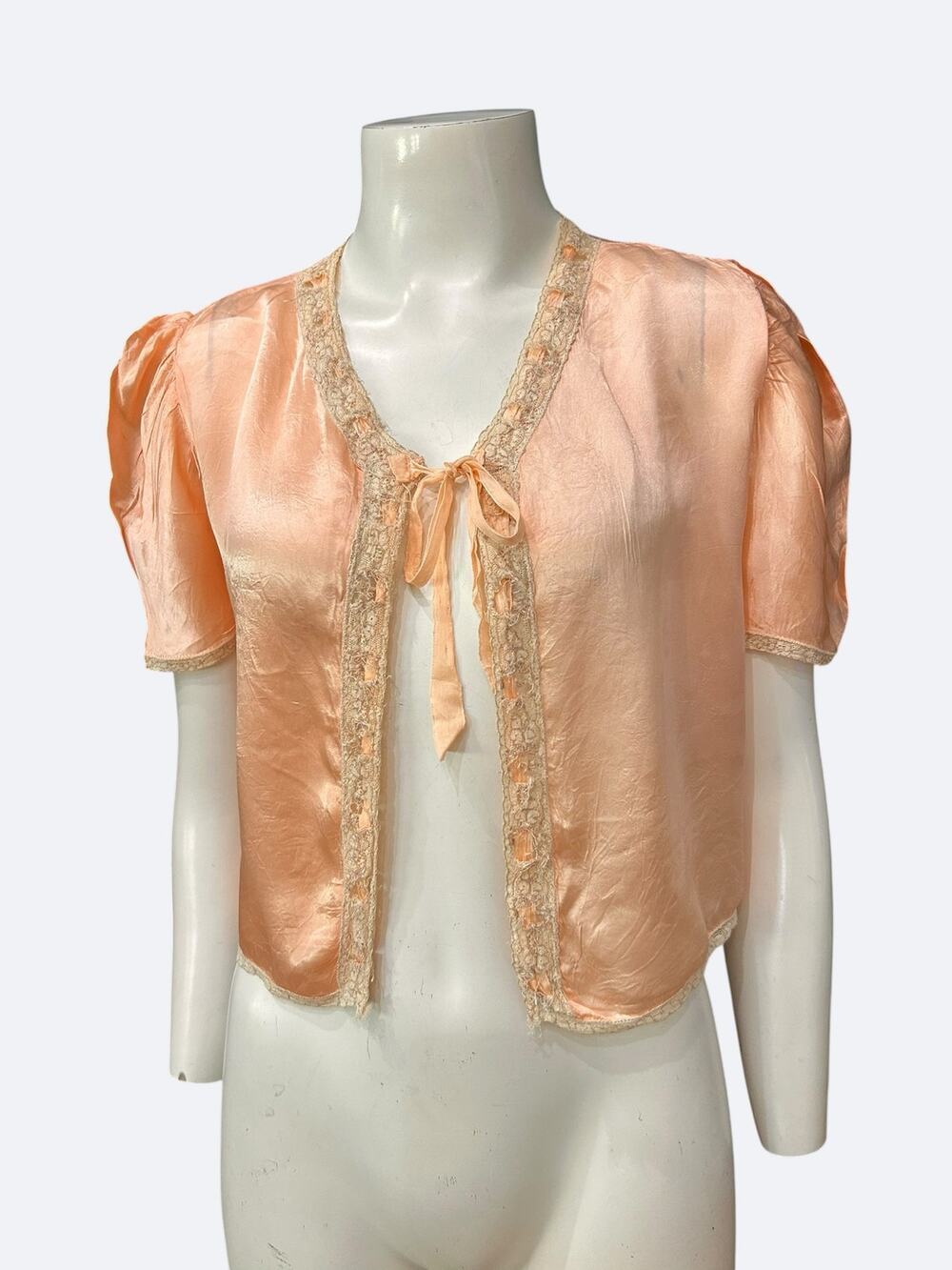 Vintage 1930s Pink Satin Bed Jacket Lace Ribbon Puff Sleeve Lingerie S -